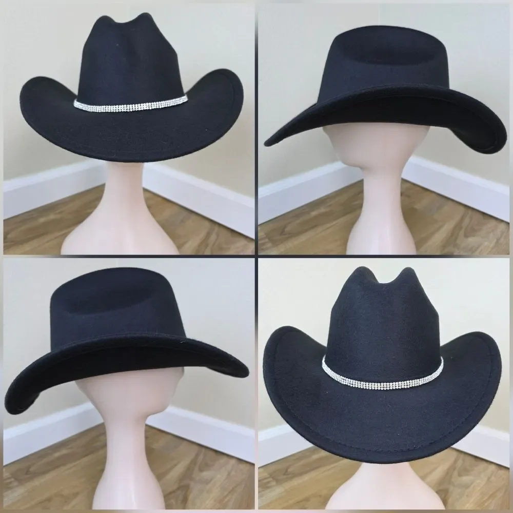 ☔️🩵Black & Rhinestone Band Wide Brim Cowgirl Hat Medium - Picture 5 of 15